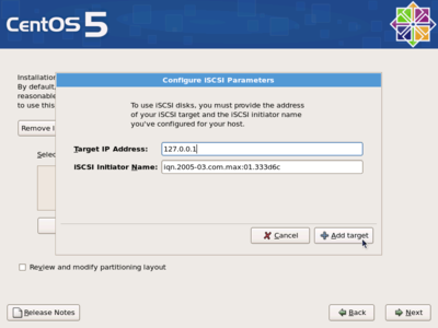CentOS iSCSI installation GUI