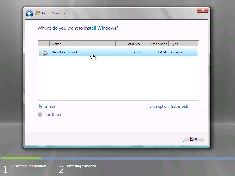 Windows Server 2008 installation disk selection