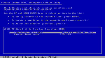 Windows Server 2003 after partitioning